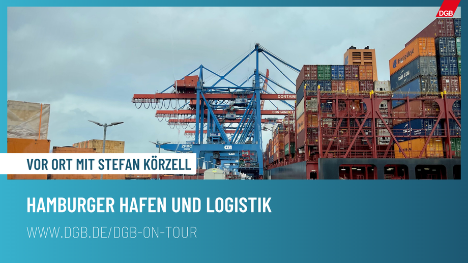 Foto von der Sommertour von DGB-Vorstand Stefan Körzell vom Hamburger Hafen und Logistik. Verladekräne auf dem Hamburger Hafen.