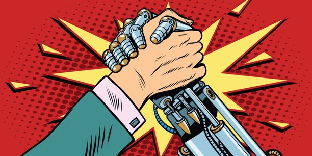 Menschliche Hand und Roboterarm als Comiczeichnung