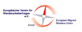 Schriftzüge "Europäischer Verein für Wanderarbeiterfragen e.V." und "European Migrant Workers Union", in der Mitte der Schriftzüge ist ein Kompass