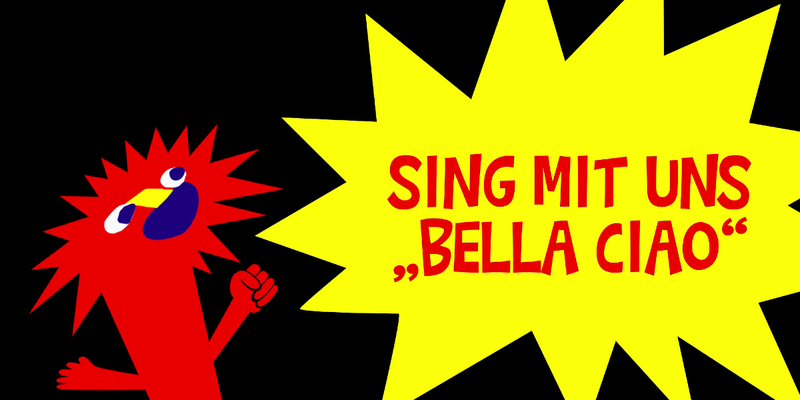 Figur mit Sprechblase "Sing mit uns 'Bella Ciao'"