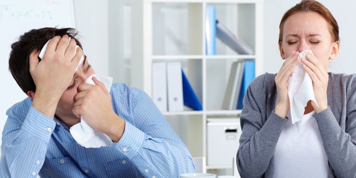Ein Mann und eine Frau (Büroumgebung / Schreibtisch) benutzen Taschentücher und halten sich den schmerzenden Kopf