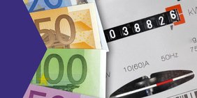 Stromzähler und links danben verschiedene Euro Scheine: 20, 50, 100, 500