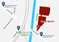 Anfahrtsplan zum Estrel Berlin mit S-Bahn-Station Sonnenallee und drei nahegelegenen Bushaltestellen der Linien M41, 171 und N79. Die Karte zeigt die Ziegrastraße als wichtige Orientierung und markiert das Hotel an der Sonnenallee.