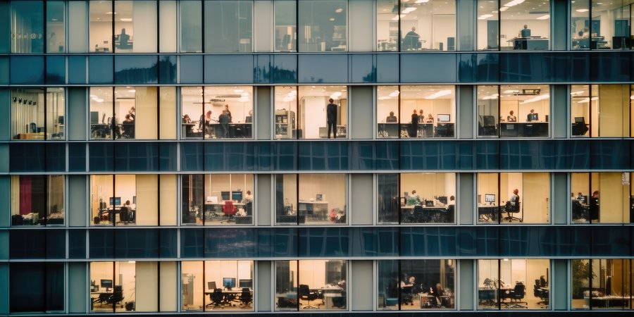 Außenansicht eines Bürogebäudes mit vielen Fenstern, in denen Geschäftsleute arbeiten. 