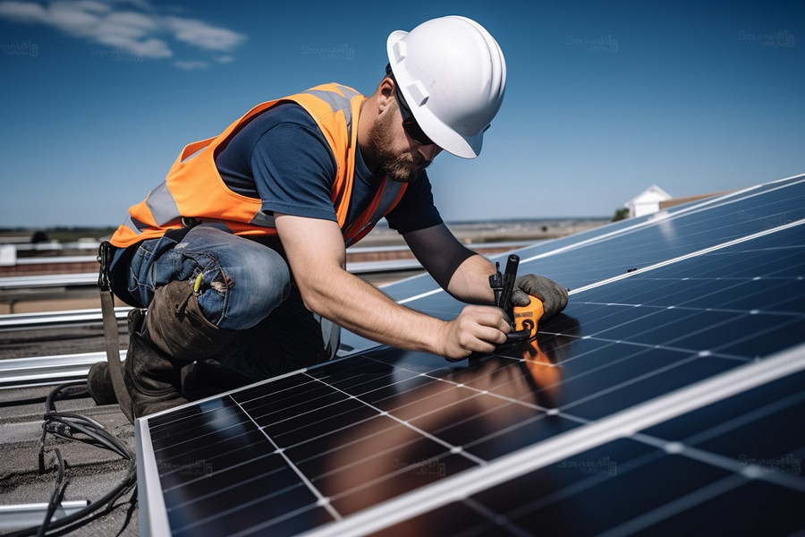 Grüne Energie in Aktion: Bauarbeiter inspiziert Solarzellen auf einem Dach. 