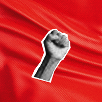 Erhobene Faust vor roter Fahne