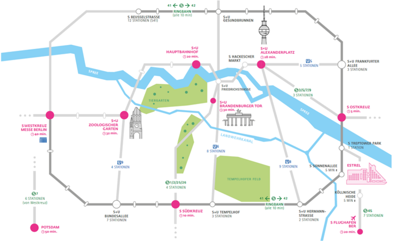 Stadtplan von Berlin mit S-Bahn-Netz und wichtigen Sehenswürdigkeiten, wobei das Estrel Hotel im Südosten nahe der S-Bahn-Station Sonnenallee markiert ist. Die Karte zeigt die zentrale Lage mit Anbindung an den Ringbahn und Verbindungen zu Hauptbahnhof, Alexanderplatz, Brandenburger Tor und weiteren touristischen Zielen.