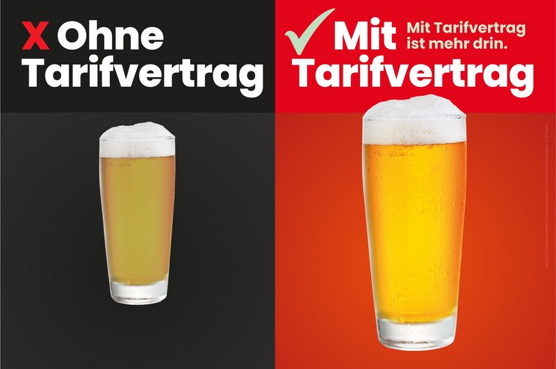 Kampagnenmotiv Tarifwende: Bild von 2 Gläsern mit Bier, eins der Gläser mit Bier ist sehr klein. Dar-über steht "Ohne Tarifvertrag", das andere Glas mit Bier ist groß und sieht frisch gezapft aus. Darüber steht "Mit Tarifvertrag - Mit Tarifvertrag ist mehr drin."