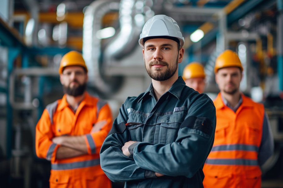 Portrait eines selbstbewussten Ingenieurs, der mit verschränkten Armen in einer Industriefabrik steht.