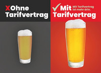 Kampagnenmotiv Tarifwende: Bild von 2 Gläsern mit Bier, eins der Gläser mit Bier ist sehr klein. Dar-über steht "Ohne Tarifvertrag", das andere Glas mit Bier ist groß und sieht frisch gezapft aus. Darüber steht "Mit Tarifvertrag - Mit Tarifvertrag ist mehr drin."