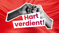 Zwei geballte Fäuste rahmen den Schriftzug „Hart verdient!" ein – ein kraftvolles Symbol für Solidarität und den Kampf um faire Löhne und gerechte Arbeitsbedingungen, vor einem leuchtend roten Hintergrund.