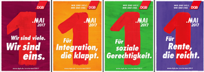 Abbildung der 3 DGB-Plakate zum 1. Mai 2017 mit dem Slogan "Wir sind viele. Wir sind eins."
