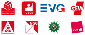 Logos der acht DGB-Mitgliedsgewerkschaften